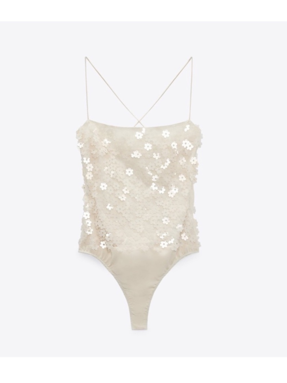 Zara Cream Floral Appliqué Sequin Strappy Bodysuit
